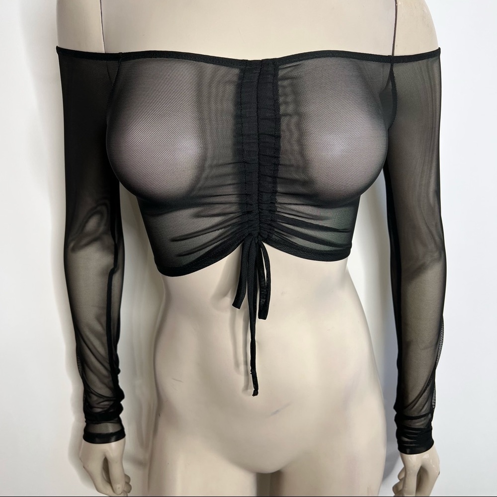 SOLD Fashion Nova Black Off Shoulder Mesh Long Sleeve Crop Top - Picture 3 of 8